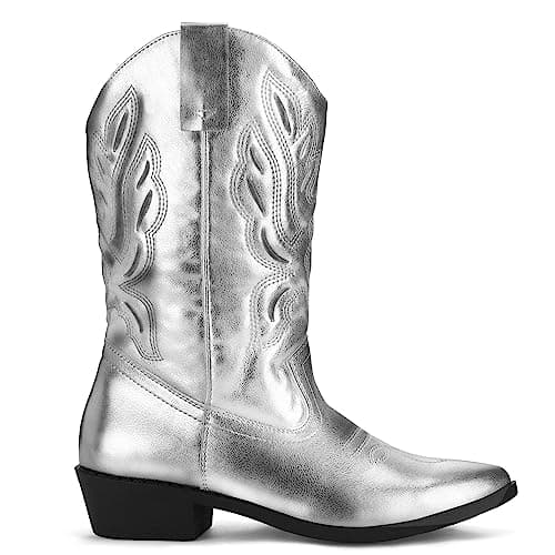 Mysoft Women's Cowboy Boots Embroidered Mid-Calf Pointed Toe