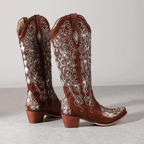 LingxiaUne Women's Sparkly Rhinestone Cowboy Boots Trendy Vintage Glitter Heel