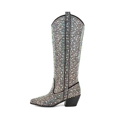 Atuelang Women's Sparkly Rhinestone Knee High Cowboy Boots — Black