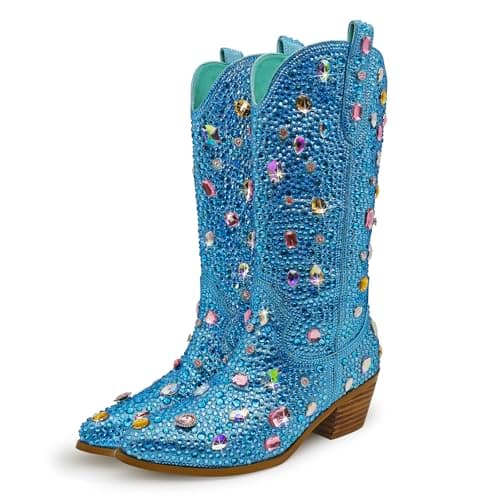 Sparkle Rhinestone Cowboy Boots for Women Western Mid Calf Glitter Pull-on Zipper Boots — Gem Green