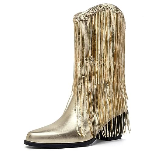 BIUBAKUA Women's Metallic Fringe Cowboy Boots with Tassels — Gold