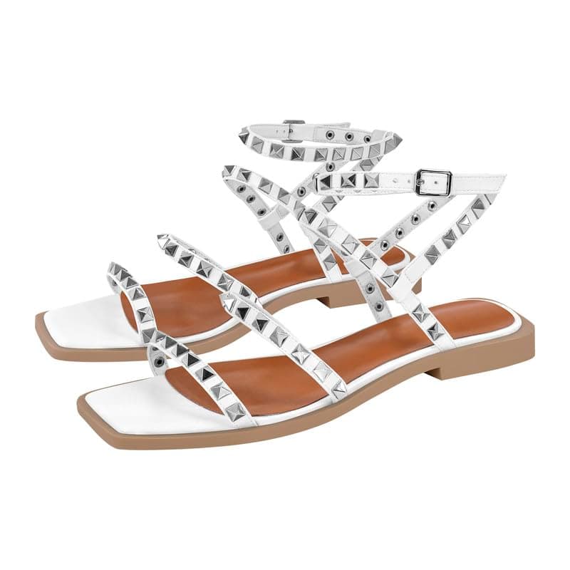 Women's Gladiator Studded Ankle Strap Sandals — White