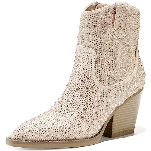 Rhinestone Boots for Women - Sparkly Cowboy Booties with Chunky Block Heel, Pearl Detail, and Pointed Toe — Champagne