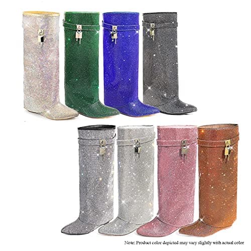 MUTTO-1 Women's Rhinestone Knee-High Fold-Over Wedge Heel Boots