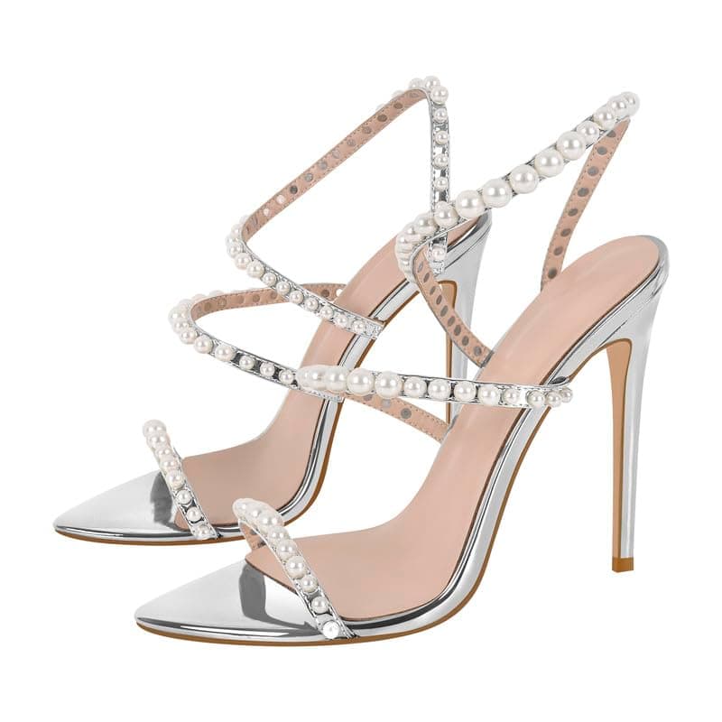 LISHAN Women's Pearl Stiletto Heel Ankle Strap Buckle Prom Shoe — Silver Pearl