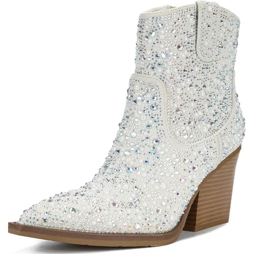 TPBKGVUW Women's Sparkly Rhinestone Knee High Cowgirl Boots — White&pearl Rhinestone