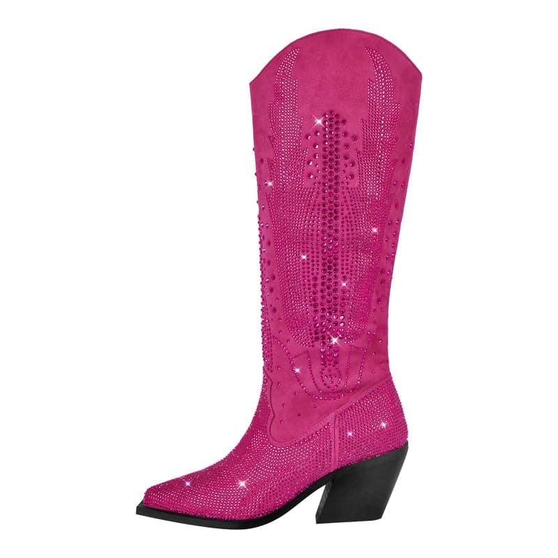 LISHAN Women's Rhinestone Knee High Boots with Chunky Heel Pull-On Shoes — Rose Red 6.5cm Heel