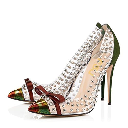 FSJ Women's Studded Pointed Toe Transparent High Heels with Bowknot US 4-15 M — Olive