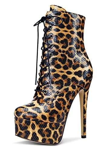 Castamere Women's High Heel Lace-Up Ankle Boots With Zipper Stiletto Heels 6 Inches — Brown Leopard