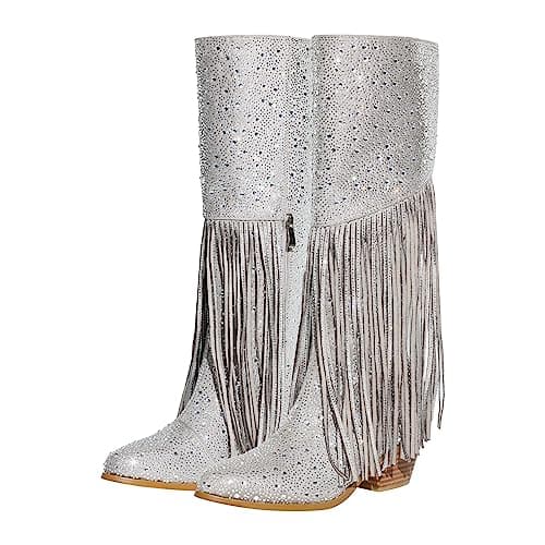 Richealnana Sparkle Rhinestones Clear Gems Shining Comfortable Calf High Knee High Boots for Women