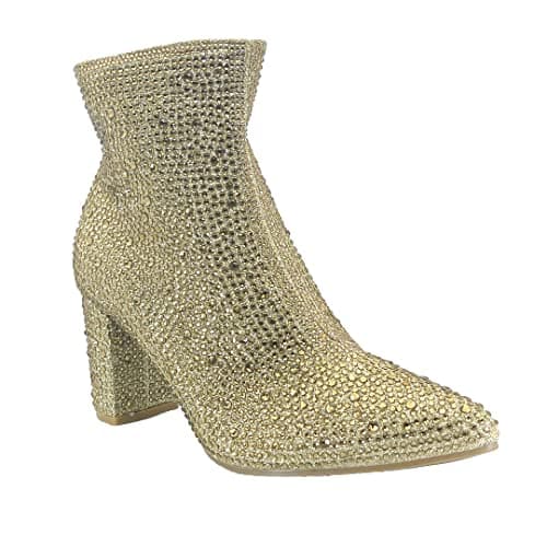 ABSOLEX Women's Pointed Toe Rhinestone Ankle Booties Heel — Gold