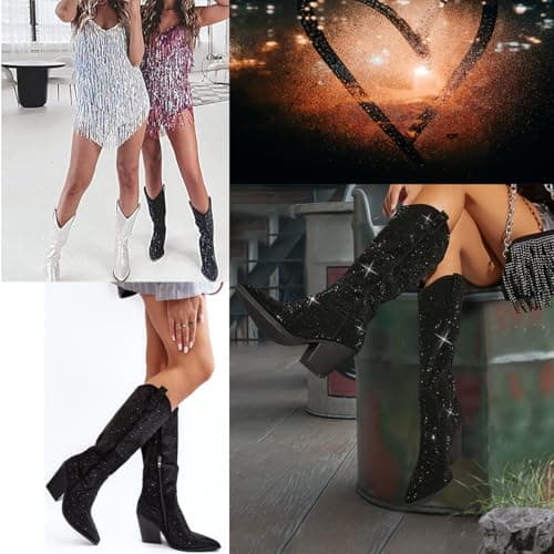 XEYANFYS Women's Sparkly Rhinestone Western Mid Calf Boots