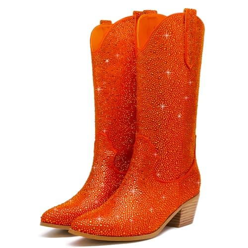 Sparkle Rhinestone Cowboy Boots for Women Western Mid Calf Glitter Pull-on Zipper Boots — Orange