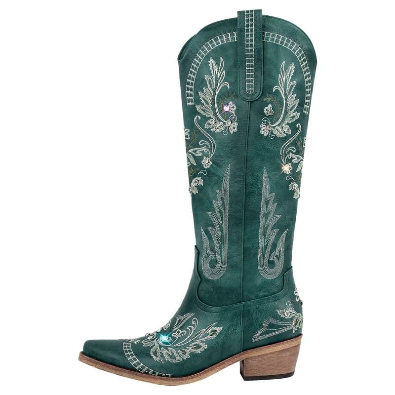 Richealnana Women's Cowgirl Short Embroidered Boots with Chunky Heels — Green-d