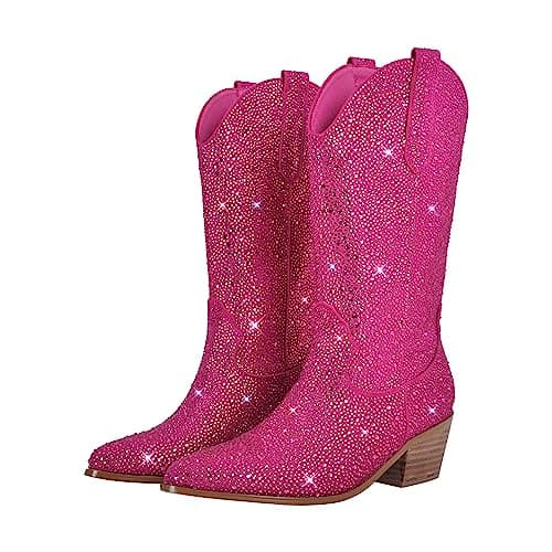 Richealnana Women's Rhinestone Slip-On Block Heel Boots — Rose Red