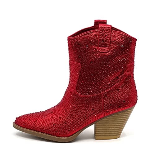 Forever Women's Rhinestone Mid-Calf Knee High Ankle Booties — Red Rhinestone