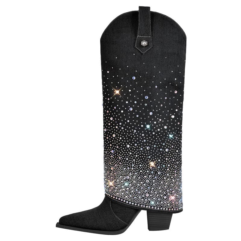 Sexyluxe Women's Sparkly Rhinestone Cowboy Bootie Knee High Jean Boots — Black