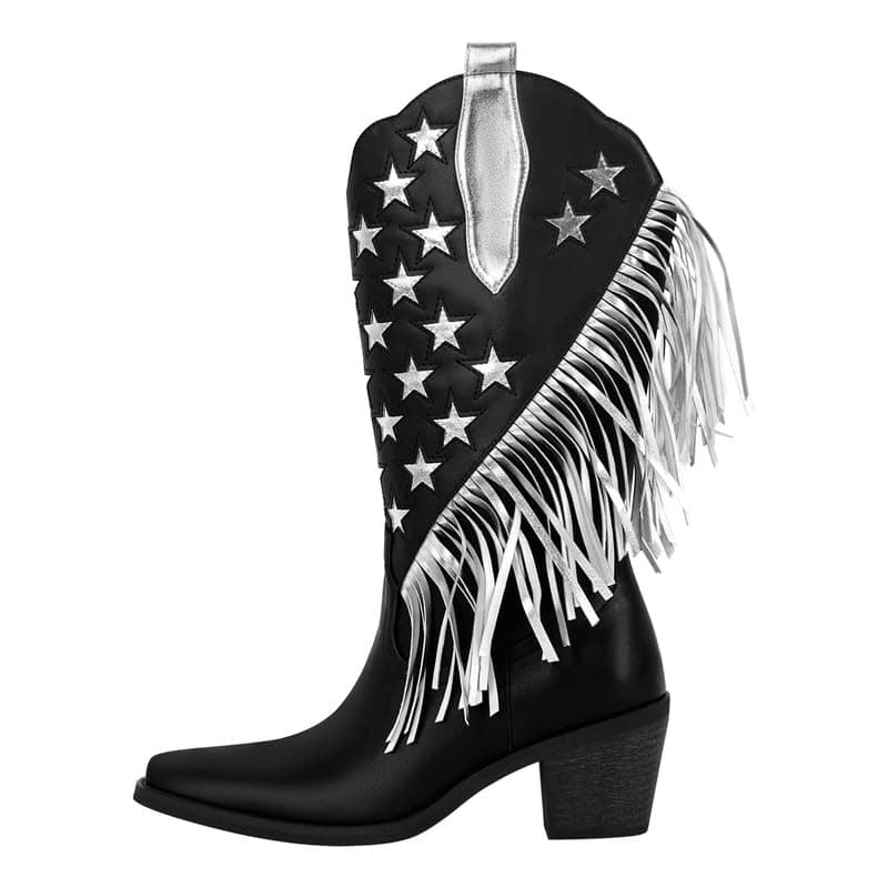 Richealnana Women's Calf High Tassel Fringe Cowgirls Boots Multicolor — Black