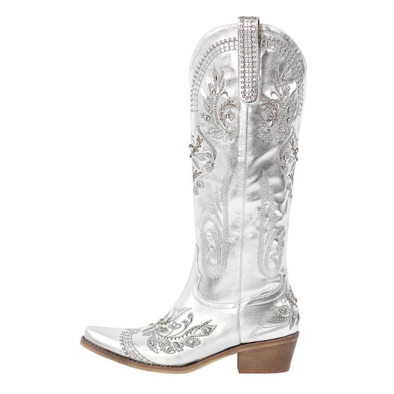 Richealnana Women's Cowgirl Short Embroidered Boots with Chunky Heels — Silver-d