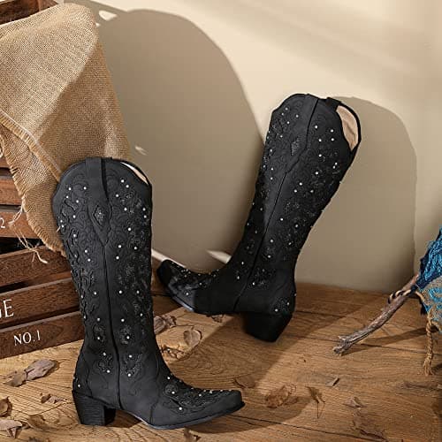 SaraIris Black Cowgirl Booties for Women Knee High Rhinestones