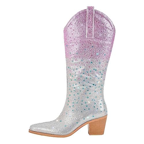 Women's Rhinestone Chunky Heel Knee High Boots