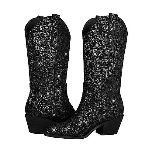Richealnana Women's Rhinestones Mid Calf Boots with Chunky Heel Crystals