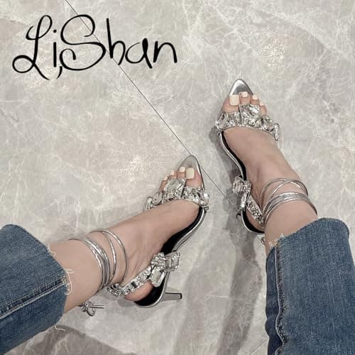 LISHAN Women's Rhinestone Anklet Strappy Pointed Heel High Heels Lace-Up Sandals