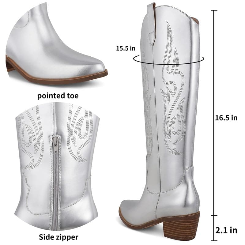 AMINUGAL Women's Black Western Knee High Cowgirl Boots, Embroidered, Chunky Heel, 13.77 inches