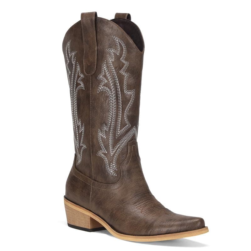 RURUNA Women's Black Mid Calf Square Toe Cowboy Boots — Brown