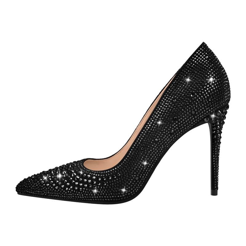 Richealnana Women's Rhinestones Pointed Toe Stiletto High Heels — Black-4inch