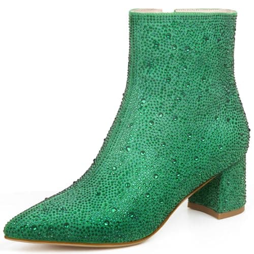MISSMILLER Rhinestone Chunky Heel Pointed Toe Ankle Boots for Women — Green-rhinestone