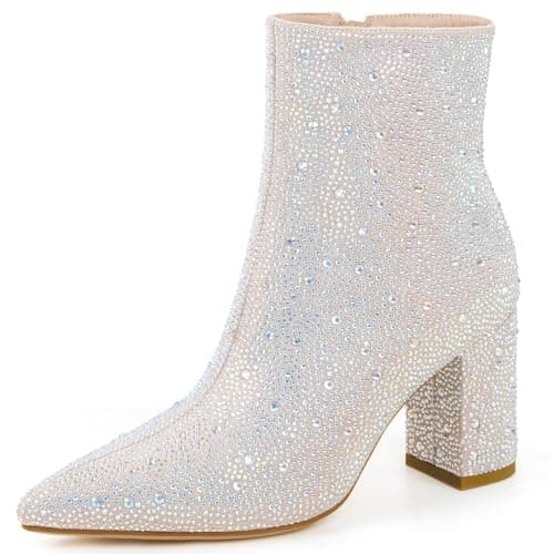 MISSMILLER Rhinestone Chunky Heel Pointed Toe Ankle Boots for Women