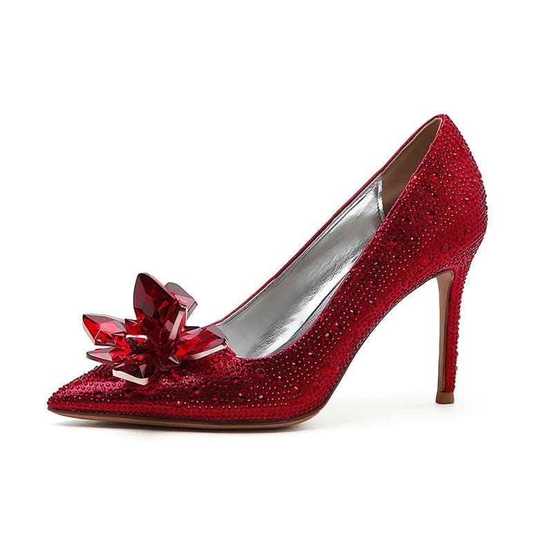 Sexytag Women's Crystal Rhinestone Pointed Toe Clear Stiletto Heels — Red