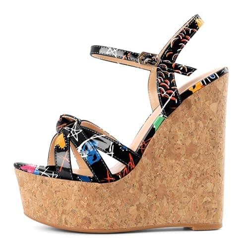 YODEKS Women's Platform Wedge Sandals-Ankle Strap Heel — Multi-color Graffiti