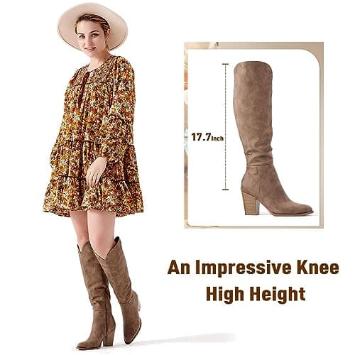 Putu Women's Knee High Faux Leather Pointed Toe Western Heel Boots