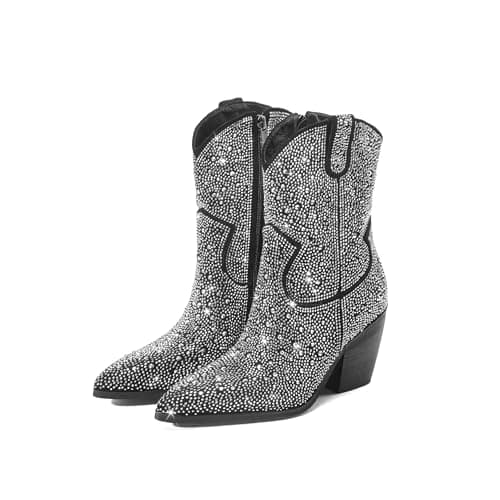 LUMUTA Western Rheinstone Cowboy Boots for Women Comfortable Side Zip Ankle Heels