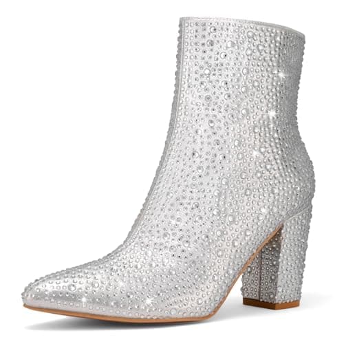 Glitter Rhinestone Boots for Women Pointed Toe Chunky Heel