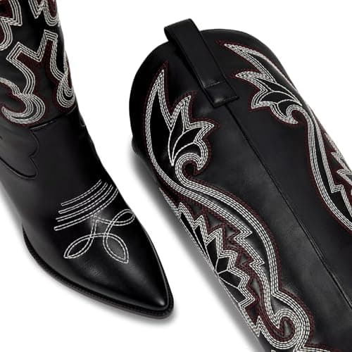 ISNOM Women's Cowboy Knee High Boot with Embroidered Pointed Toe