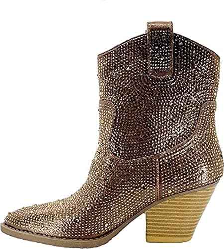 Forever Women's Rhinestone Mid-Calf Knee High Ankle Booties — Brown Rhinestone