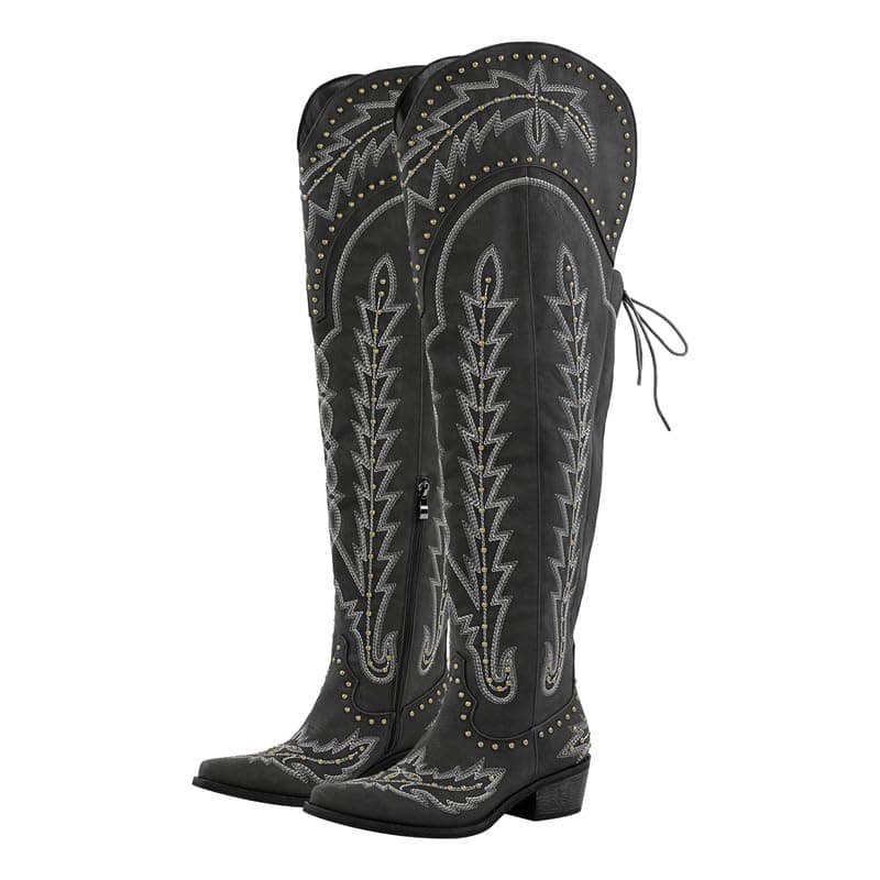 Sexytag Thigh High Western Cowboy Boots with Embroidery — Rivet Black