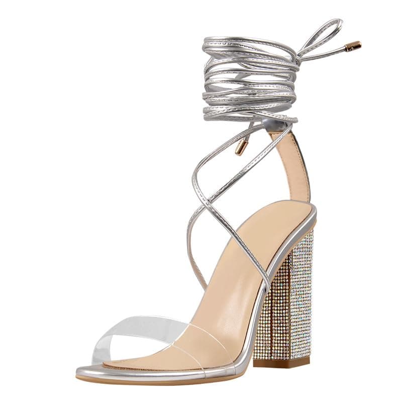Richealnana Women's Rhinestone Ankle Wrap Heeled Lace-Up Sandals