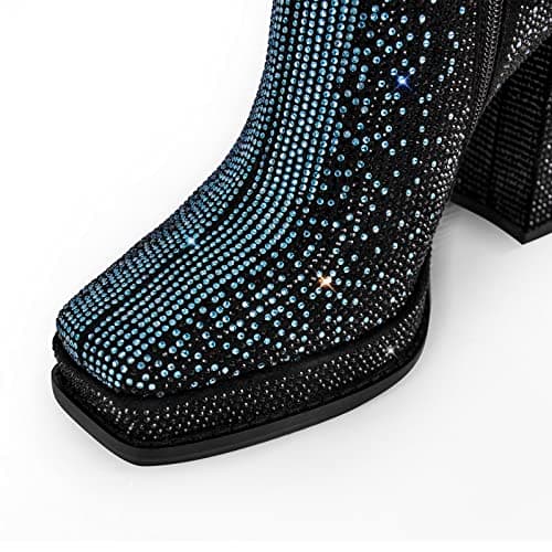 Richealnana Women's Rhinestone Chunky Heel Platform Ankle Boots