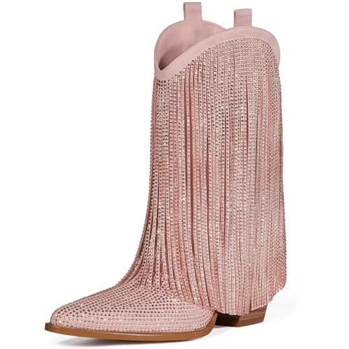 HICLOTSA Sparkly Rhinestone Western Ankle Boots for Women — Champagne Pink