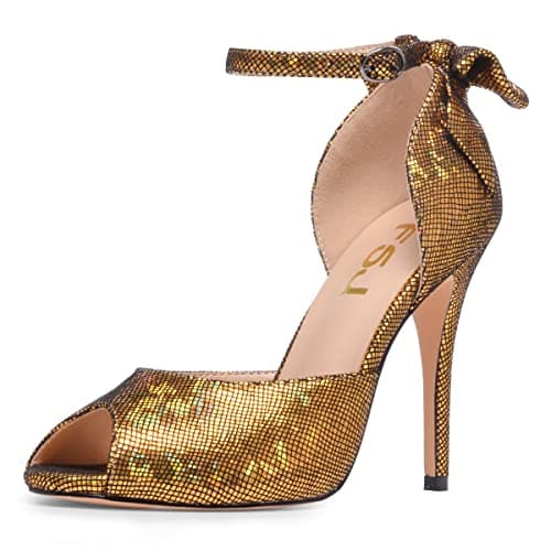 FSJ Women's Bridal Stiletto Heels with Ankle Straps and Buckle Size 4-15 US — Gold Sequins