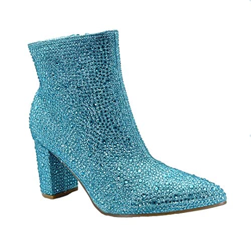 ABSOLEX Women's Pointed Toe Rhinestone Ankle Booties Heel — Lt. Blue