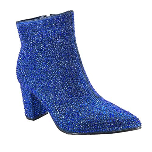 ABSOLEX Women's Pointed Toe Rhinestone Ankle Booties Heel — Royal Blue
