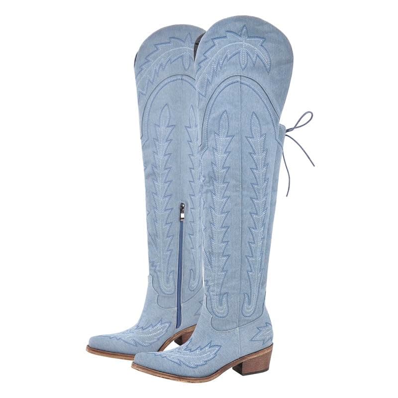 Sexytag Thigh High Western Cowboy Boots with Embroidery — Denim
