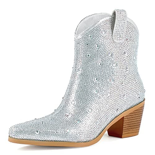 FIFSY Women's Glitter Rhinestone Chunky Heel Ankle Boots… — Silver