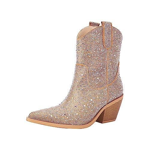 Vivianly Women's Mid-Calf Glitter Rhinestone Cowboy Boots
