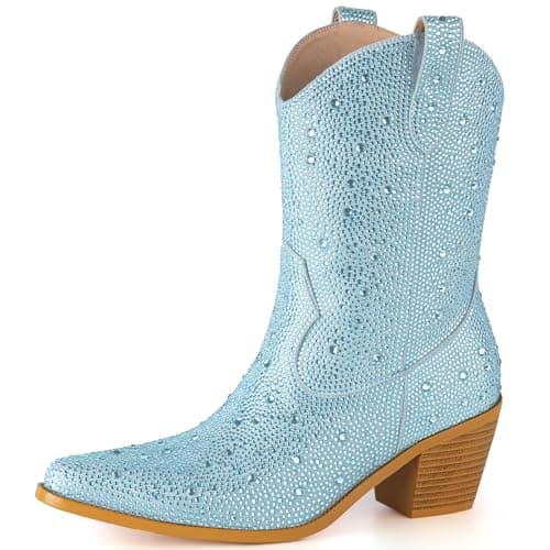 MISSMILLER Women's Sparkly Rhinestone Mid Calf Boots with Pull-OnTabs — Blue